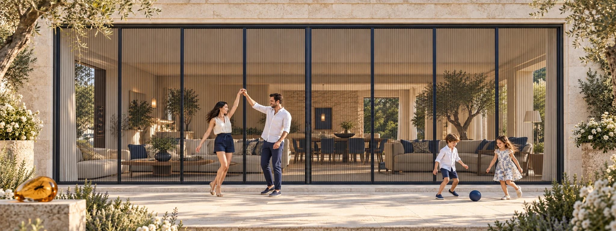 Esperto de ocho metros de ancho y tres de alto, con cuatro paneles por lado y cierre central; una pareja baila y dos niños juegan con una pelota en la terraza del jardín