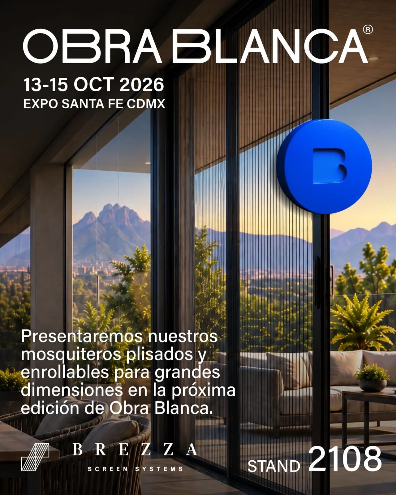 Invitacion de Brezza a Obra Blanca 2026, del 13 al 15 de octubre en Expo Santa Fe, CDMX, stand 2108.