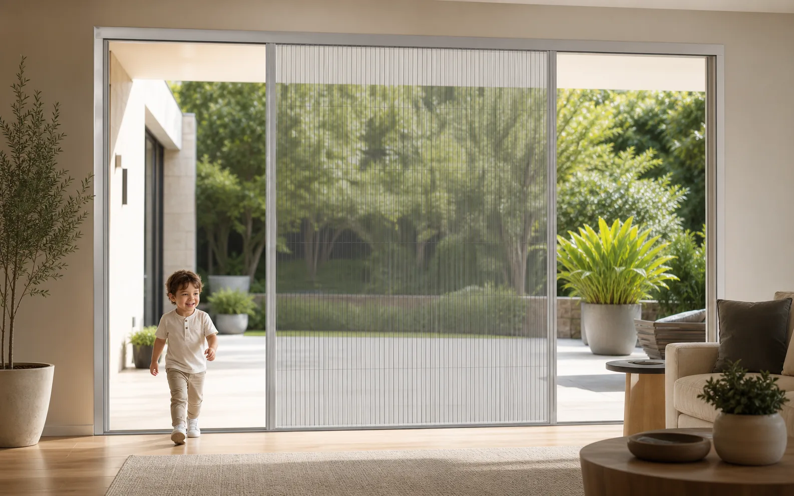 Niño pasando por la apertura de una puerta mosquitera Tessere Max