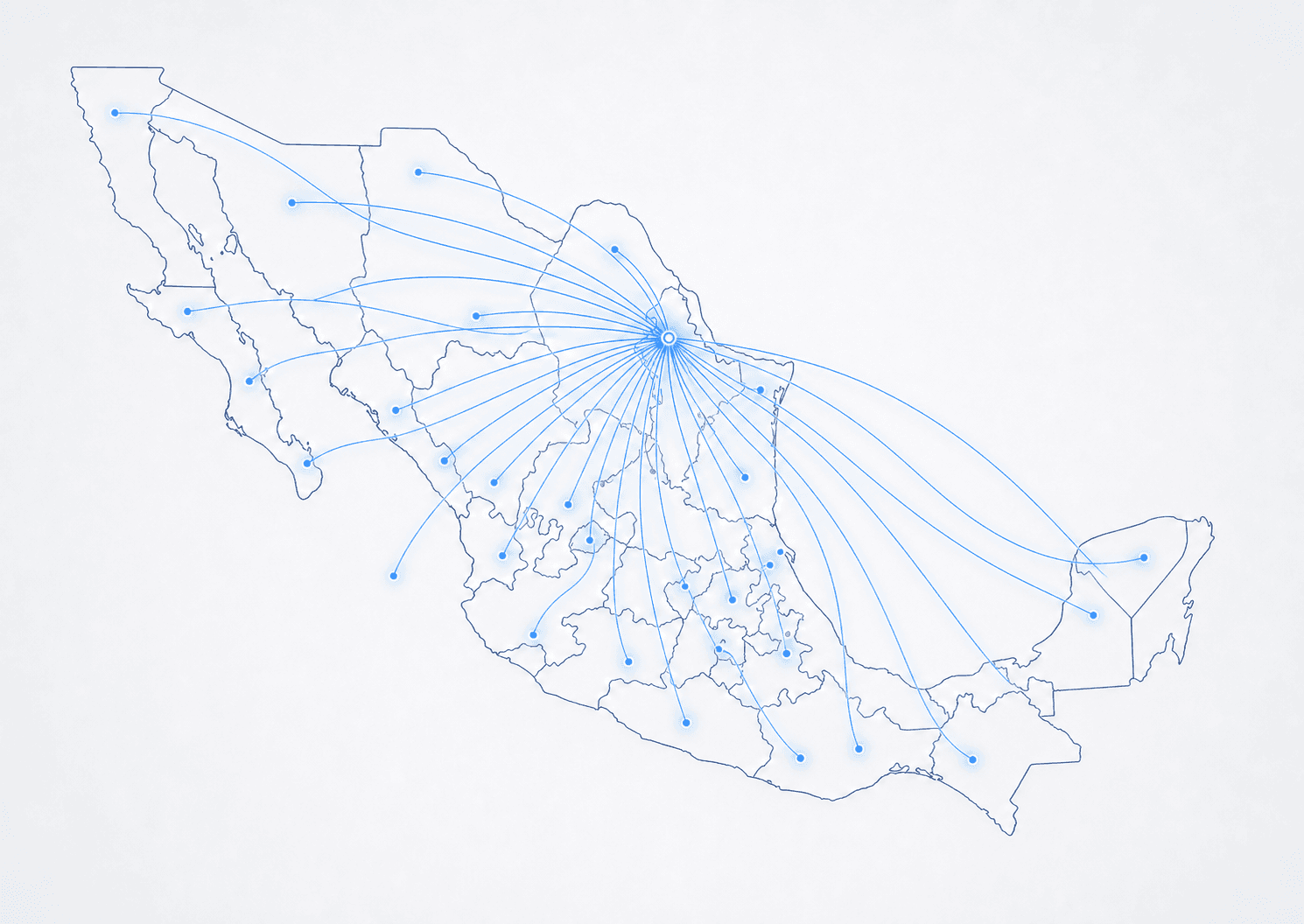 Mapa de México con haces de luz que representan la cobertura desde Monterrey hacia todo el país