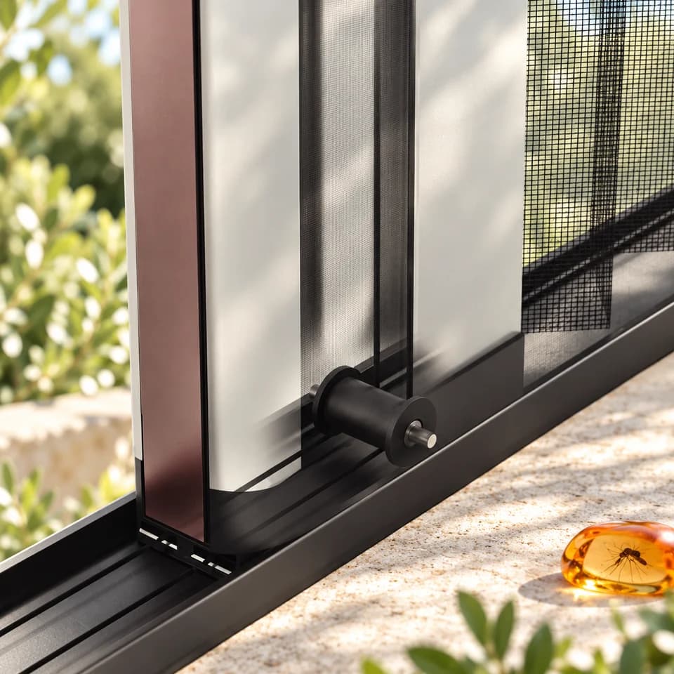 Sistema plisado de Tessere Max, ambientado con piedra y jardin