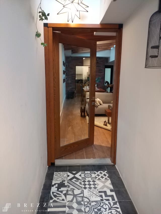 Vista de un Brezza Mosquitero marrón tipo Astuto en una puerta delantera